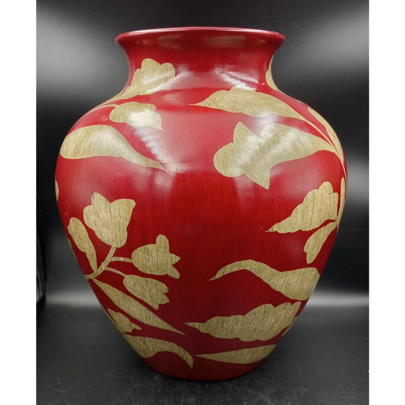 Beautiful Lg Red Vase With Cream Leaves and Flowers 10" - Picture 4 of 10